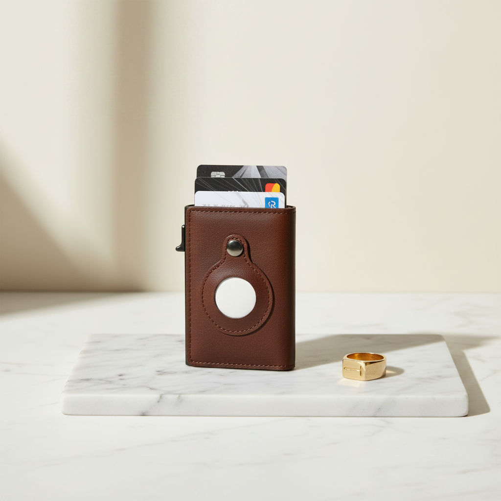 Brown Leather AirTag Wallet — Marble Luxury