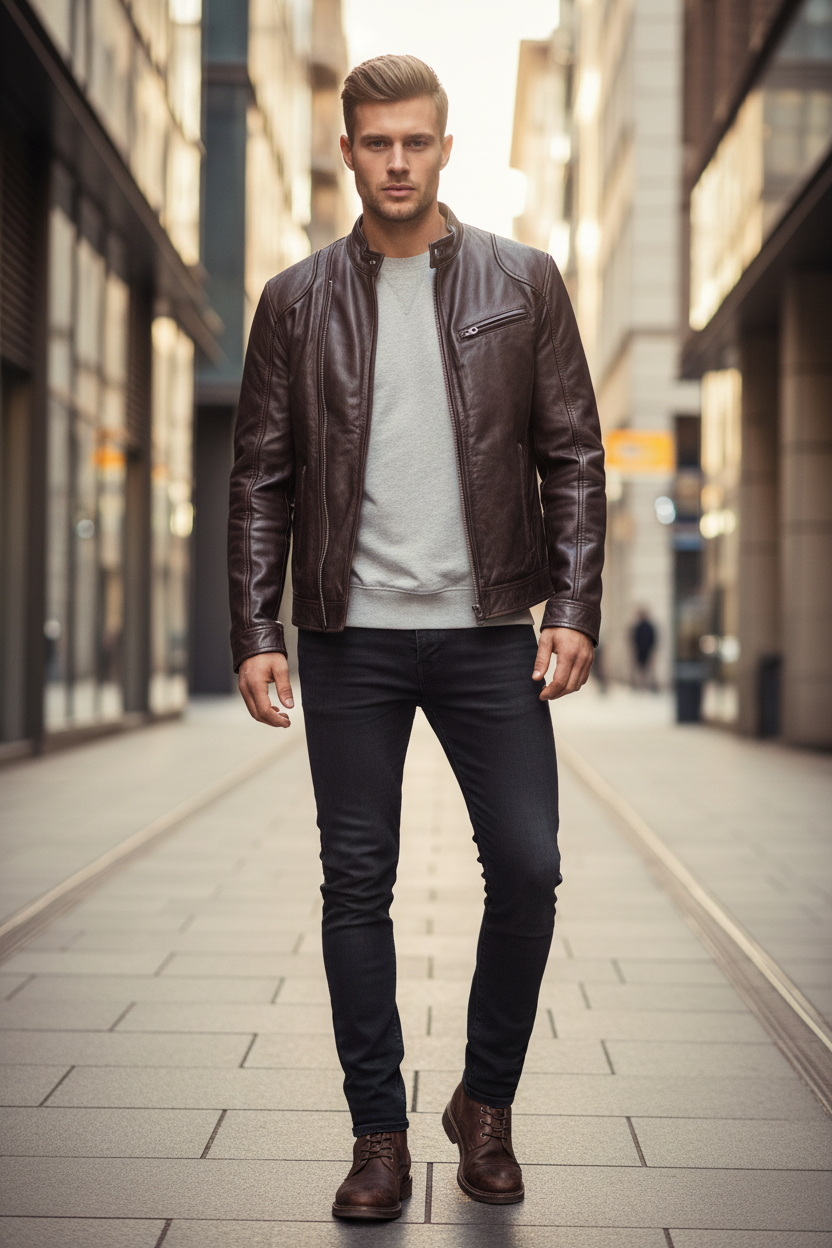 Brown Leather Jacket Face Visible