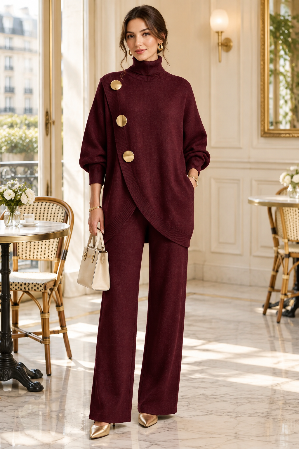 Burgundy wrap-front knit set