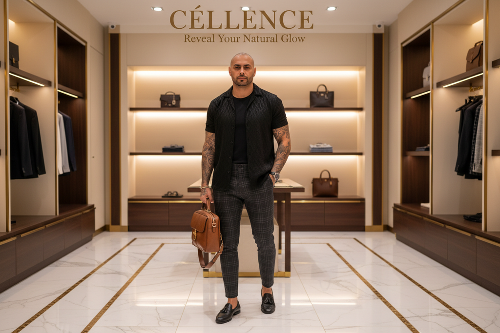 Céllence Men's — Magazin Luxury + Pantaloni Plaid + Geantă