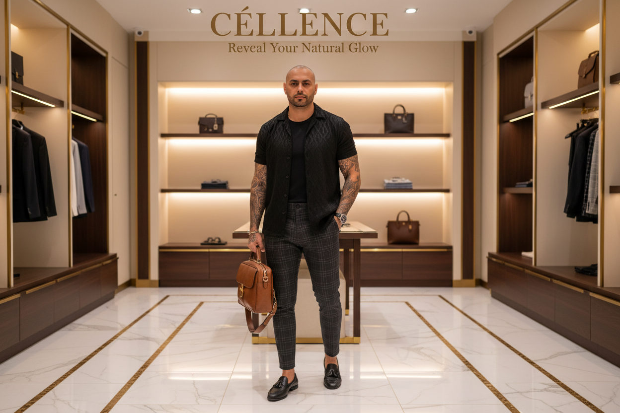 Céllence Men's — Magazin Luxury + Pantaloni Plaid + Geantă