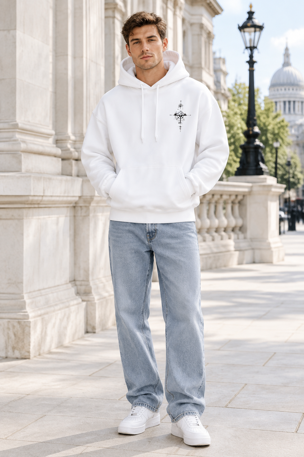 Hanorac alb, vedere din față, model masculin