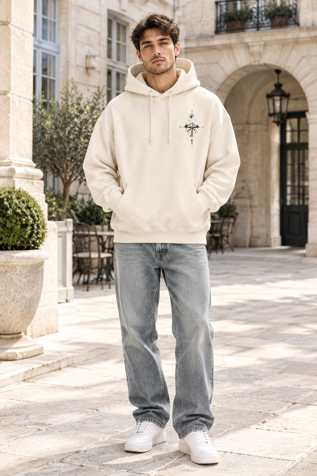 Hanorac crem, vedere din față, model masculin