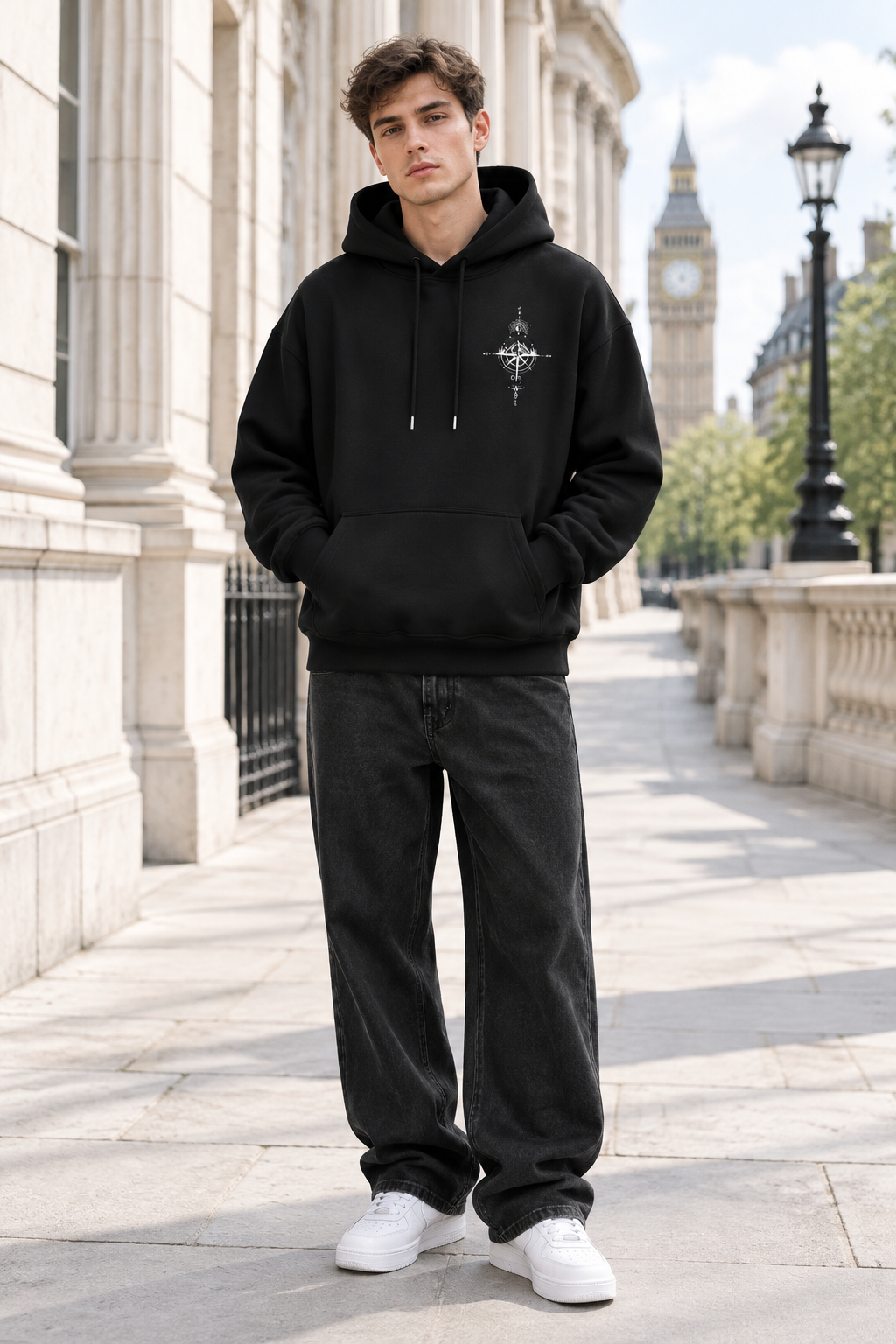 Hanorac negru din față, model masculin