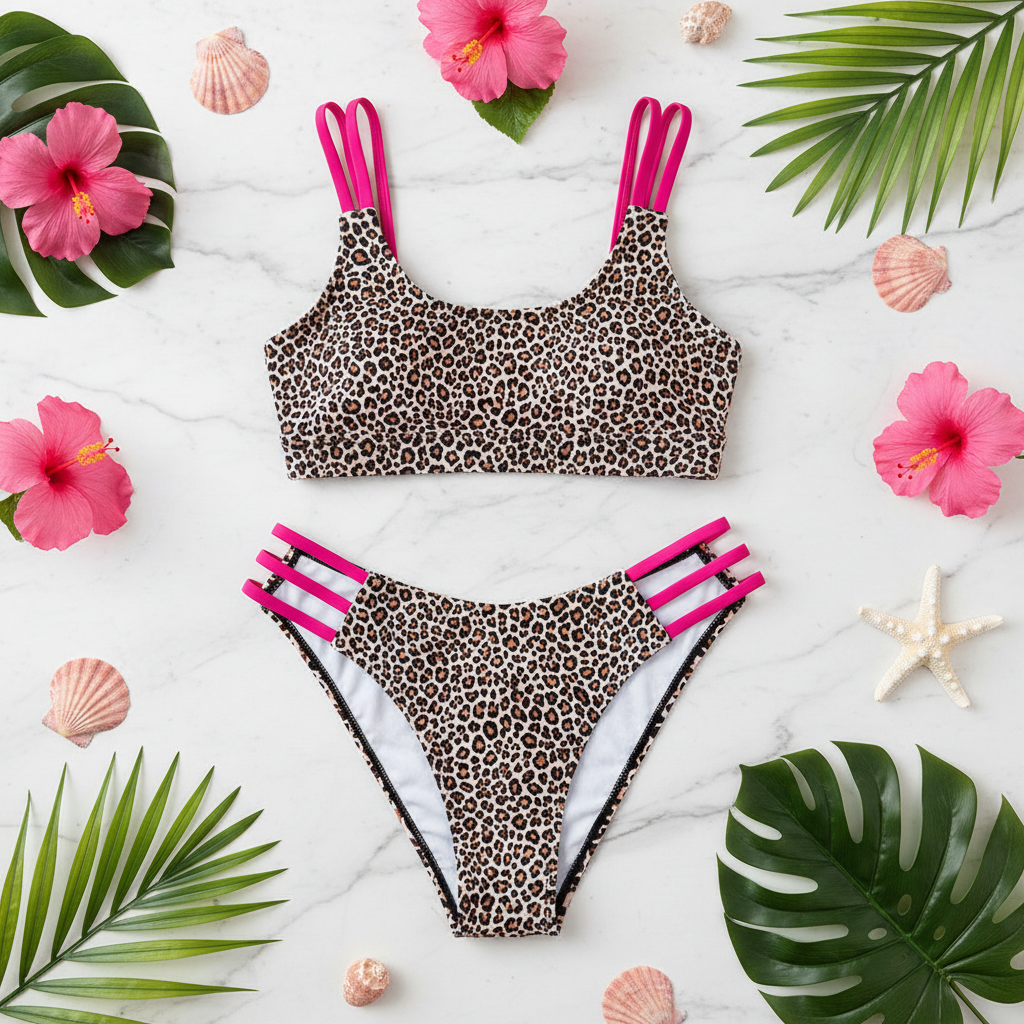 Leopard Pink Bikini Flat Lay