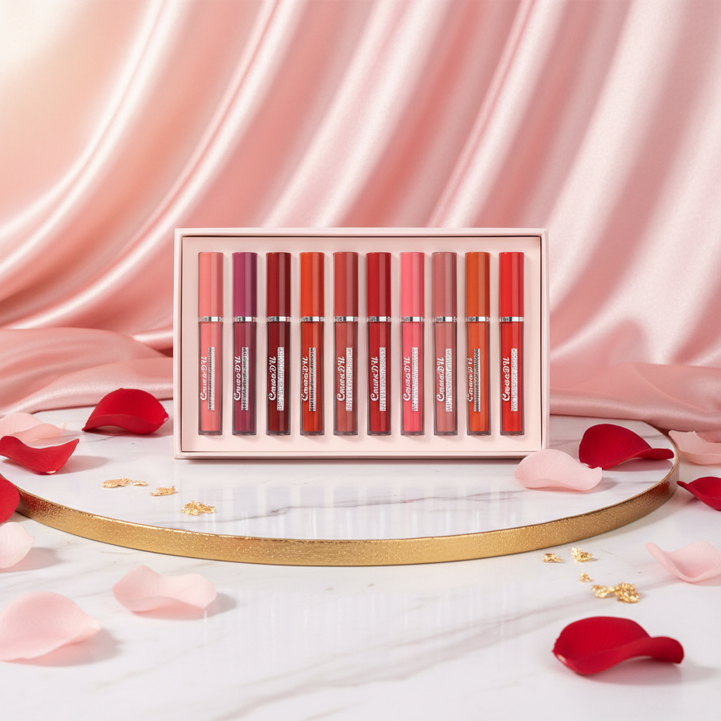 Luxury flat lay — set lipstick pe marmură