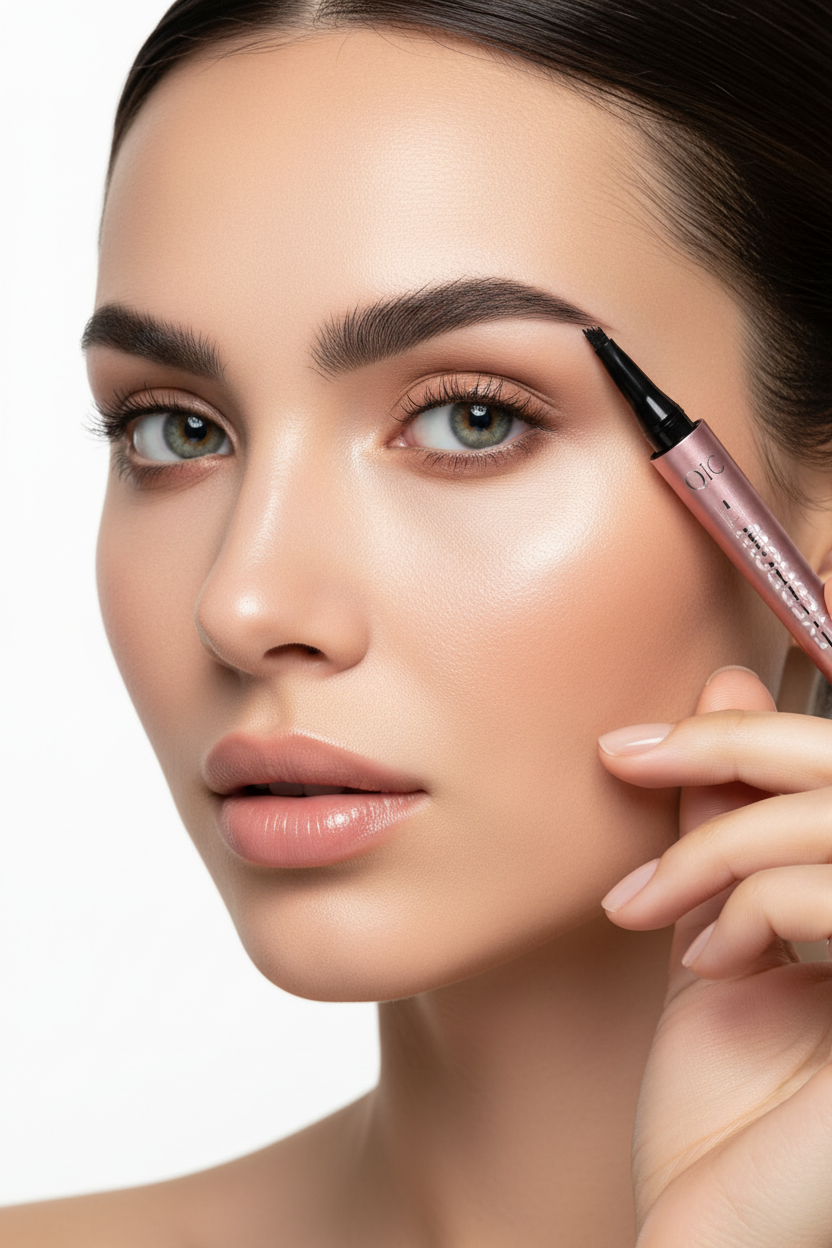 Model applying eyebrow pencil