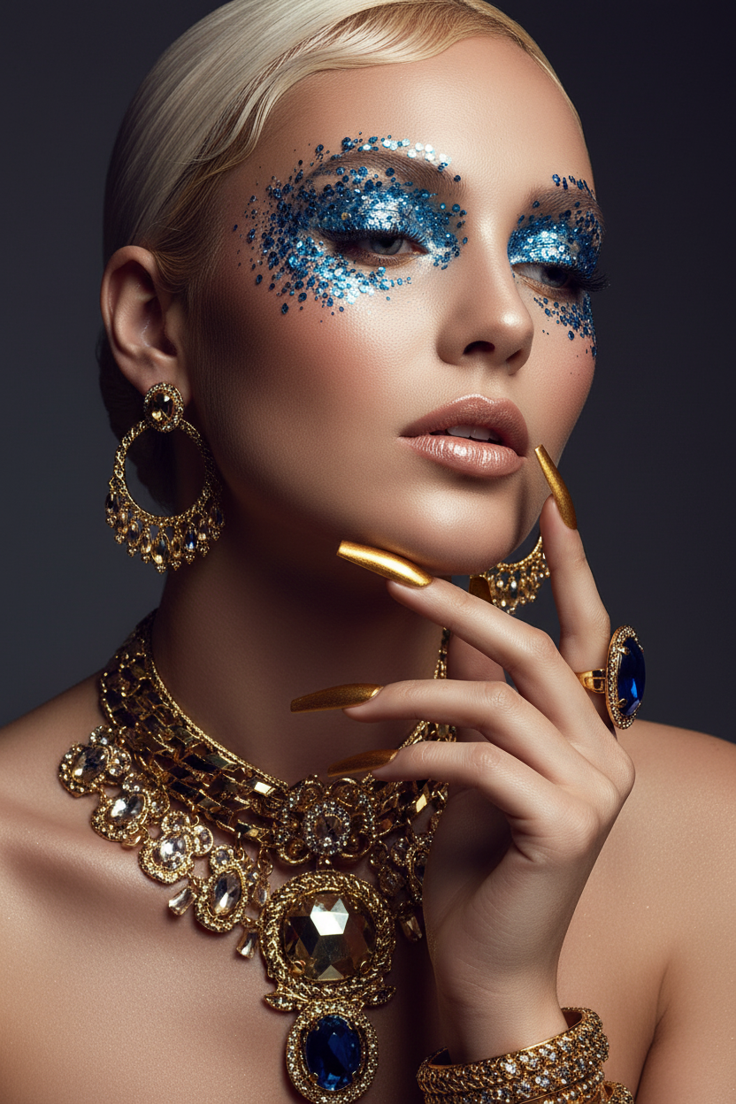 Model cu Unghii Aurii & Glitter Albastru