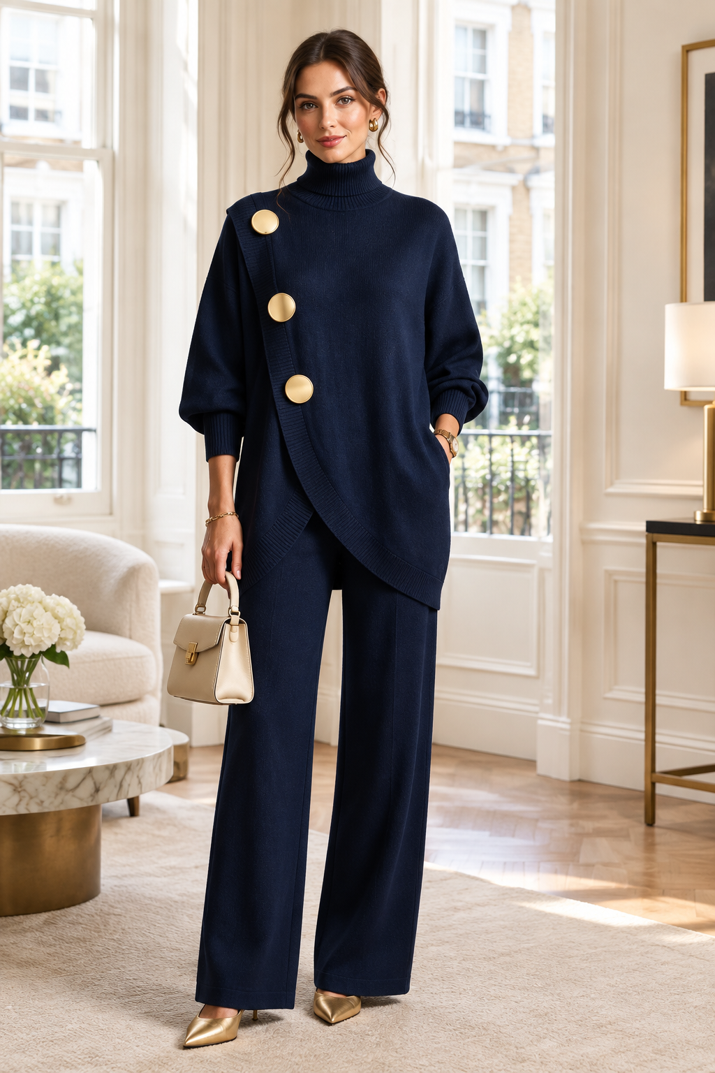 Navy wrap-front knit set
