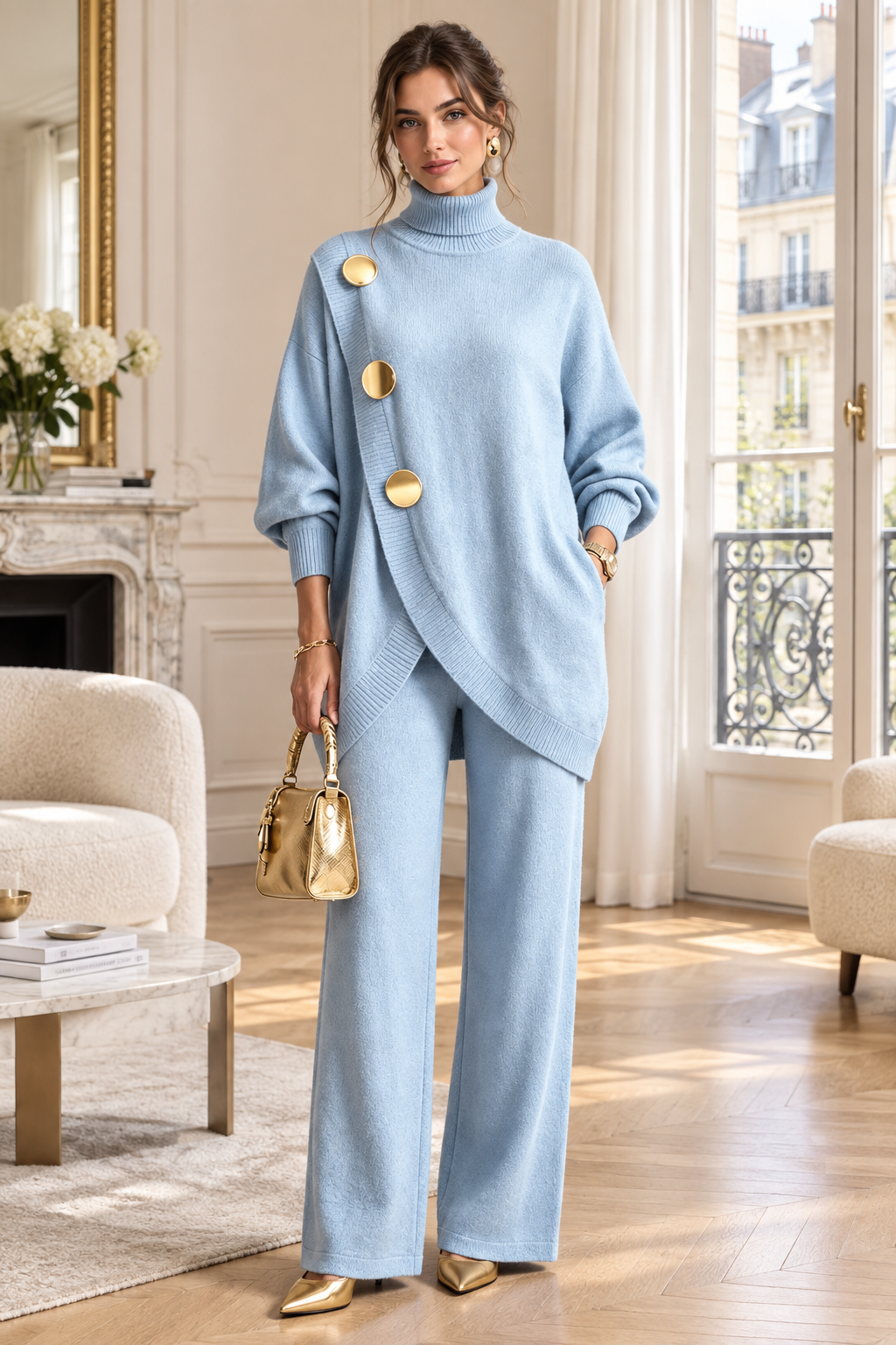 Pale blue wrap-front knit set
