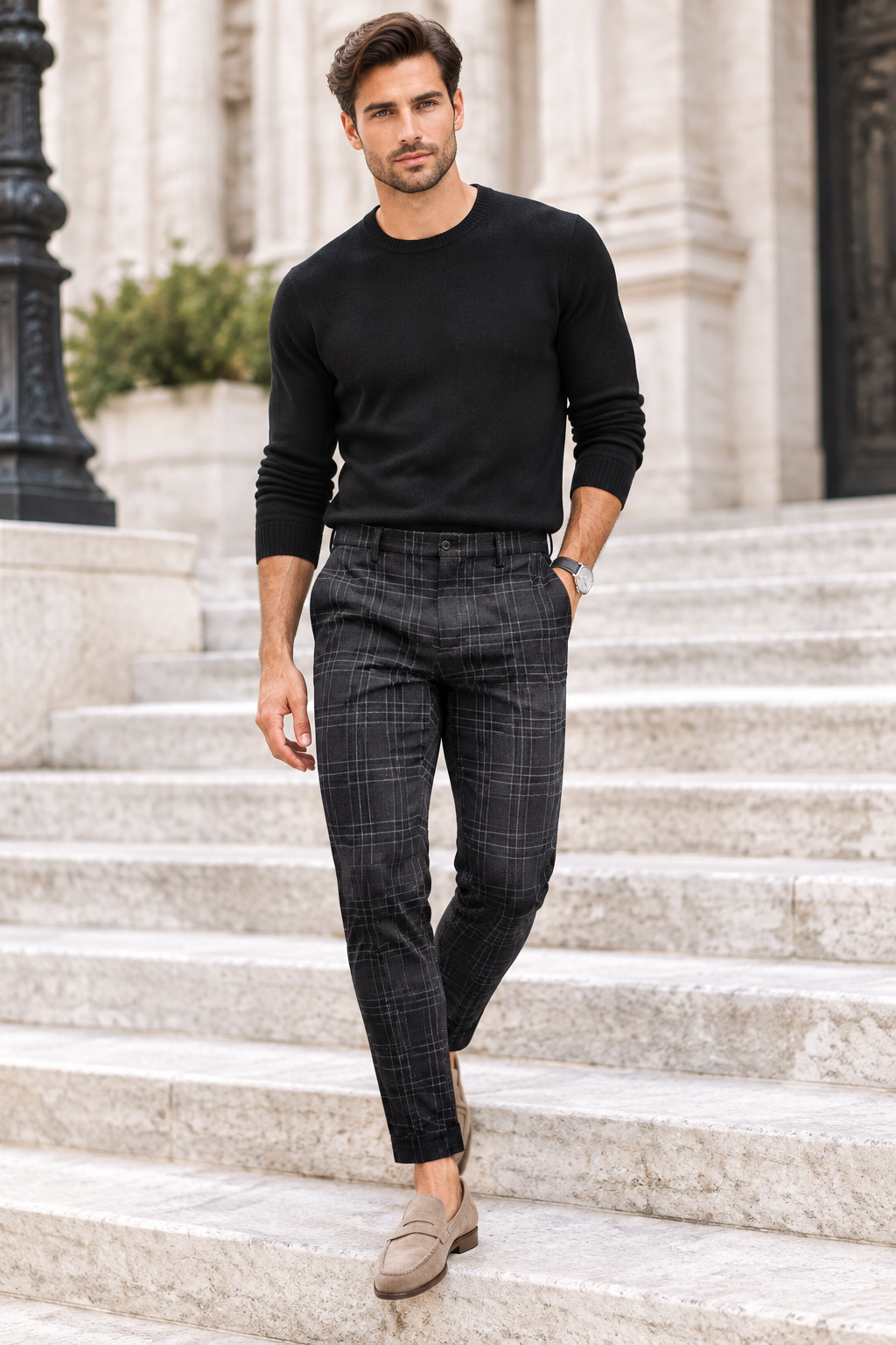 Pantaloni în carouri pe model masculin