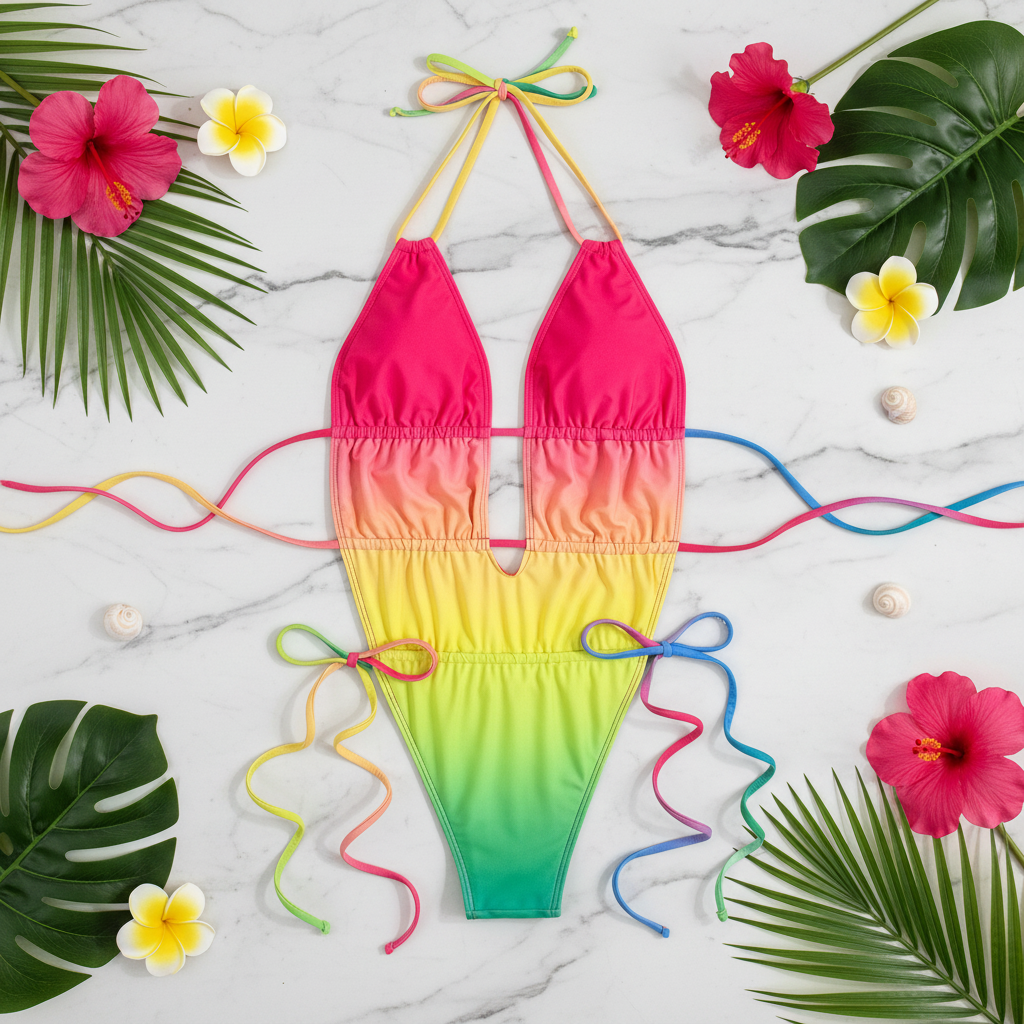 Rainbow Gradient Swimsuit Flat Lay