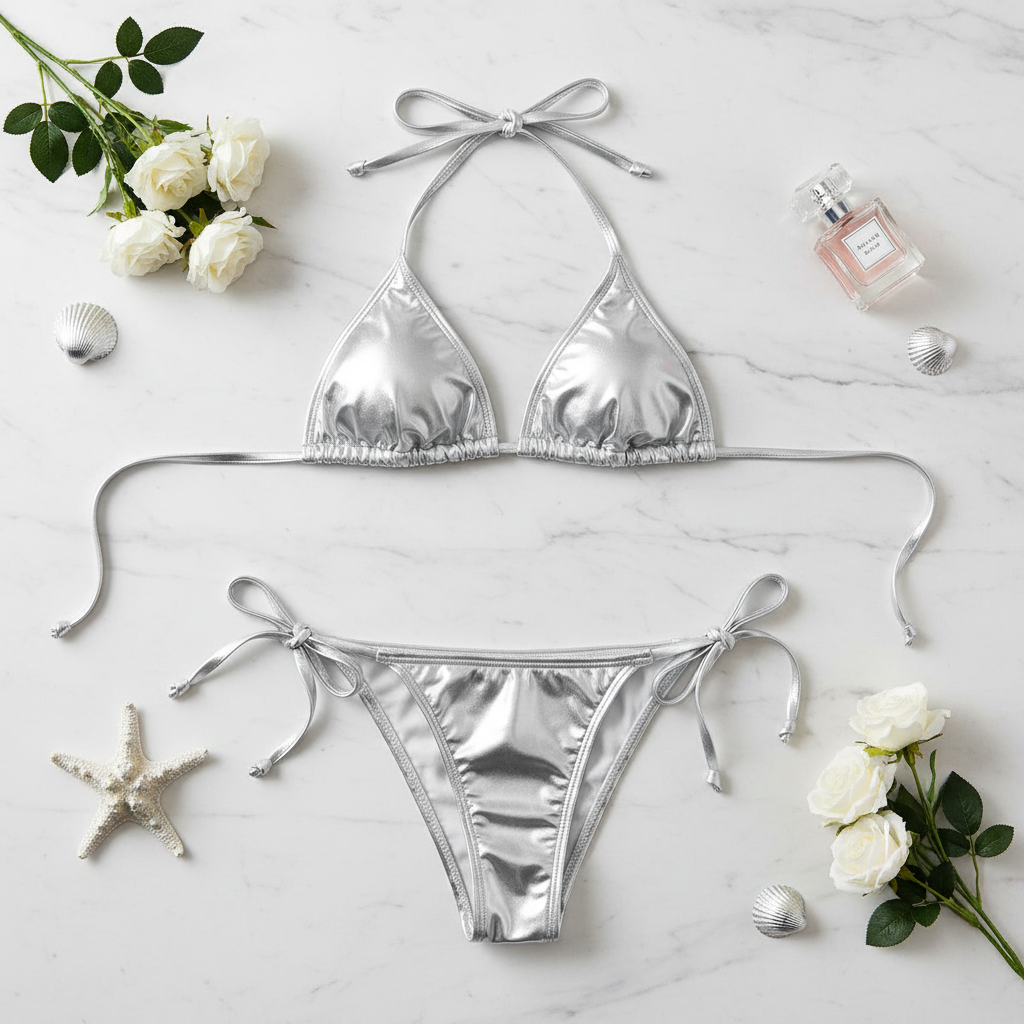 Silver Metallic Bikini Flat Lay